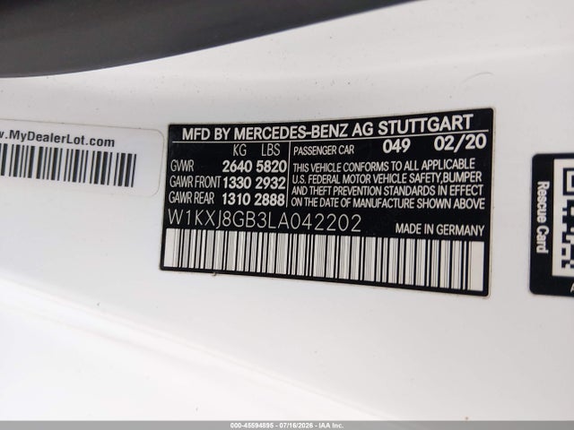 Aukcja sprzedaży 2020 Mercedes-benz S 560 4matic, vin: W1KXJ8GB3LA042202, numer aukcji: 45594895