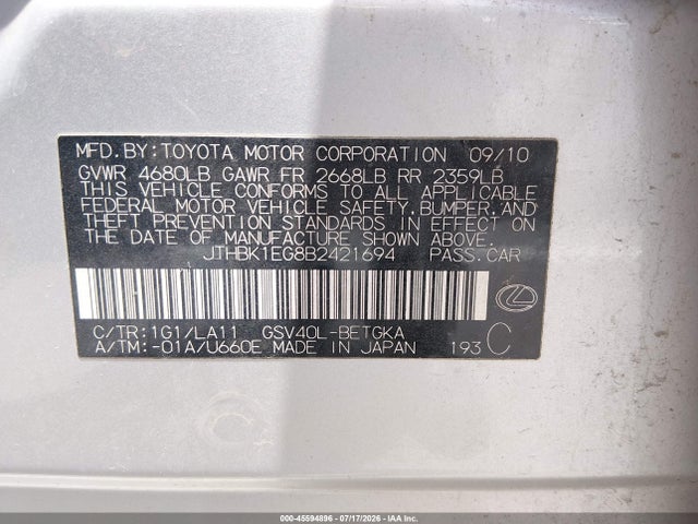 Продаж на аукціоні авто 2011 Lexus Es 350, vin: JTHBK1EG8B2421694, номер лоту: 45594896