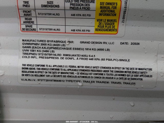 Aukcja sprzedaży 2026 Grand Design Transcend, vin: 573TT2019T8844612, numer aukcji: 45594897