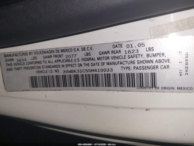 45594961 :رقم المزاد ، 3VWBK31C55M410033 vin ، 2005 Volkswagen New Beetle Gl مزاد بيع