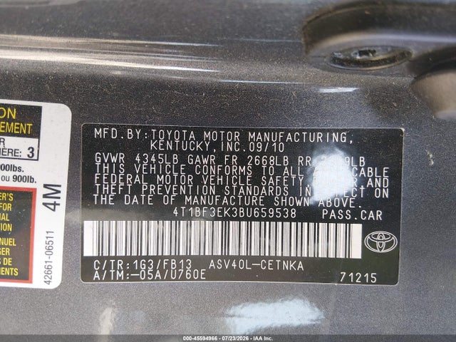 45594966 :رقم المزاد ، 4T1BF3EK3BU659538 vin ، 2011 Toyota Camry Le مزاد بيع