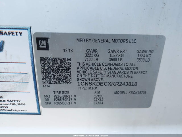 2019 Chevrolet Tahoe Commercial Fleet მანქანა იყიდება აუქციონზე, vin: 1GNSKDECXKR243818, აუქციონის ნომერი: 45594975