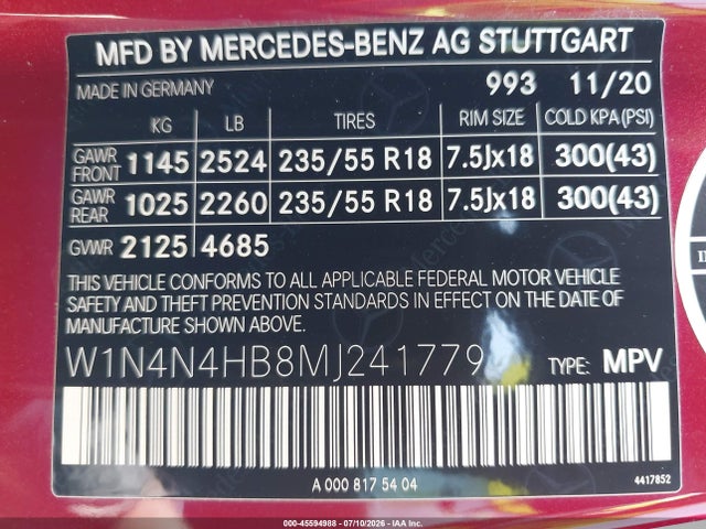 45594988 :رقم المزاد ، W1N4N4HB8MJ241779 vin ، 2021 Mercedes-benz Gla 250 4matic مزاد بيع