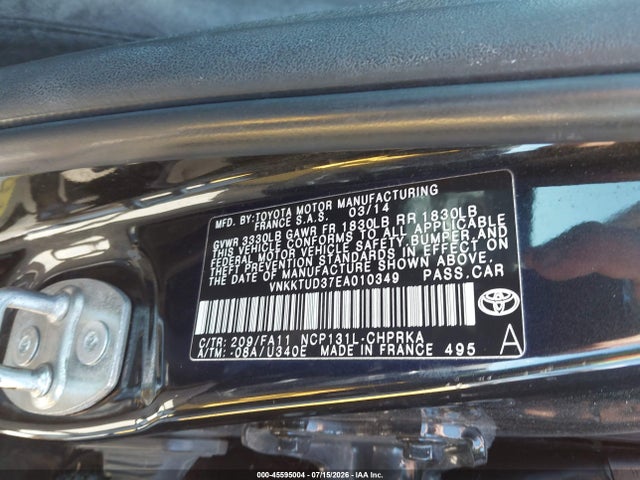 2014 Toyota Yaris Le (tmmf Plant) მანქანა იყიდება აუქციონზე, vin: VNKKTUD37EA010349, აუქციონის ნომერი: 45595004