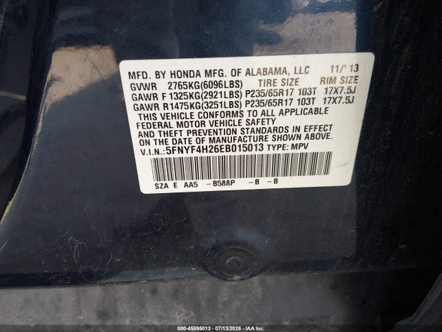 Продаж на аукціоні авто 2014 Honda Pilot Lx, vin: 5FNYF4H26EB015013, номер лоту: 45595013