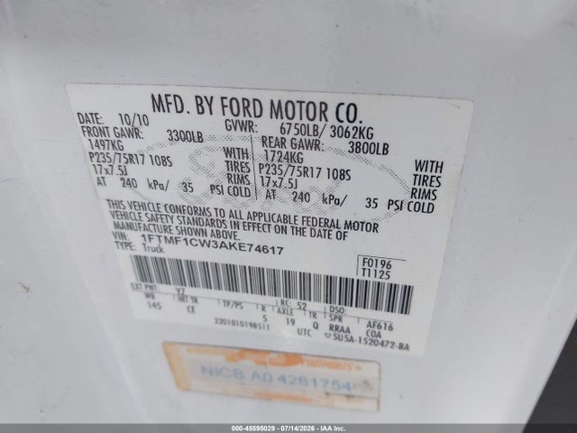 2010 Ford F-150 Stx/xl/xl W/mid-box Prep/xlt/xlt W/mid-box Prep მანქანა იყიდება აუქციონზე, vin: 1FTMF1CW3AKE74617, აუქციონის ნომერი: 45595029