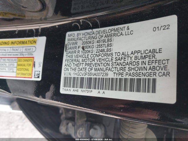 Продажа на аукционе авто 2022 Honda Accord Hybrid Ex-l, vin: 1HGCV3F55NA007239, номер лота: 45595042