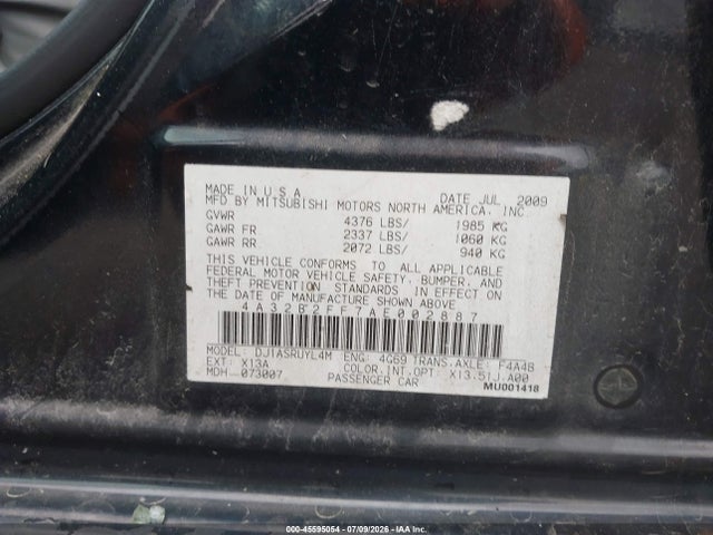 2010 Mitsubishi Galant Fe მანქანა იყიდება აუქციონზე, vin: 4A32B2FF7AE002887, აუქციონის ნომერი: 45595054