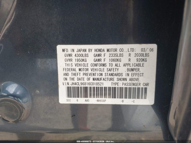 45595073 :رقم المزاد ، JH4CL96816C018521 vin ، 2006 Acura Tsx مزاد بيع