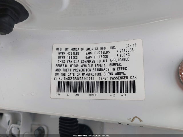 2016 Honda Accord Sport მანქანა იყიდება აუქციონზე, vin: 1HGCR2F50GA141061, აუქციონის ნომერი: 45595078
