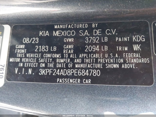 2023 Kia Forte Lxs მანქანა იყიდება აუქციონზე, vin: 3KPF24AD8PE684780, აუქციონის ნომერი: 45595079