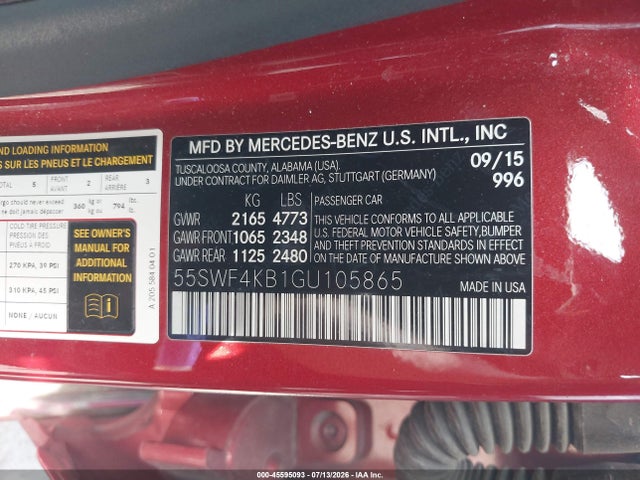 45595093 :رقم المزاد ، 55SWF4KB1GU105865 vin ، 2016 Mercedes-benz C 300 Sport 4matic مزاد بيع