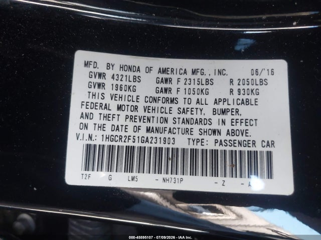 1HGCR2F51GA231903 Honda Accord Sport