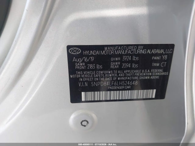 45595111 :رقم المزاد ، 5NPD84LF6LH524648 vin ، 2020 Hyundai Elantra Sel مزاد بيع