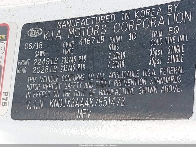 45595118 :رقم المزاد ، KNDJX3AA4K7651473 vin ، 2019 Kia Soul ! مزاد بيع