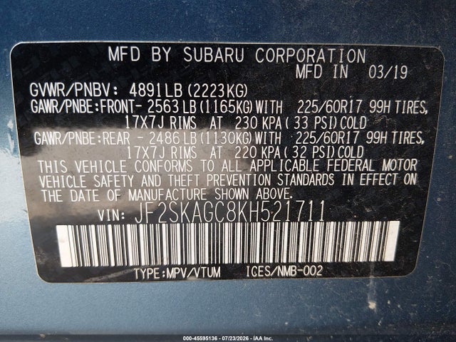 Продажа на аукционе авто 2019 Subaru Forester Premium, vin: JF2SKAGC8KH521711, номер лота: 45595136