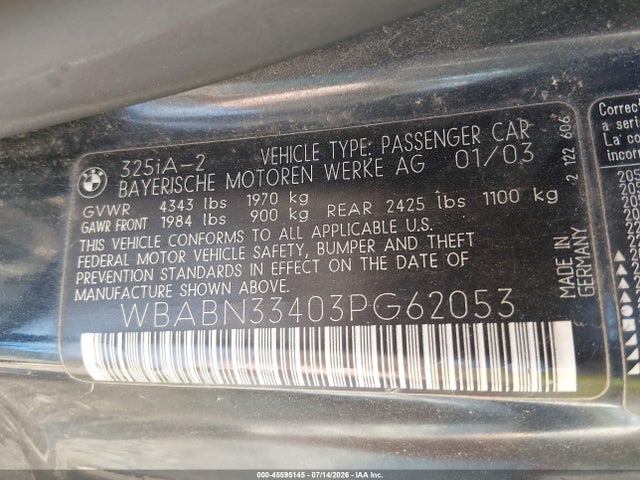 Aukcja sprzedaży 2003 Bmw 3 Series 325ci, vin: WBABN33403PG62053, numer aukcji: 45595145
