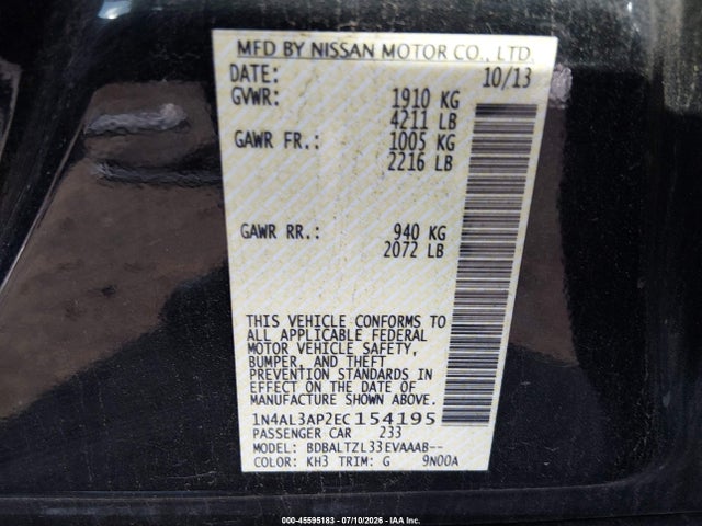 45595183 :رقم المزاد ، 1N4AL3AP2EC154195 vin ، 2014 Nissan Altima 2.5 Sv مزاد بيع
