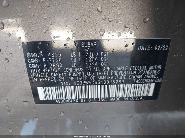Aukcja sprzedaży 2022 Subaru Legacy Premium, vin: 4S3BWAD65N3015269, numer aukcji: 45595188