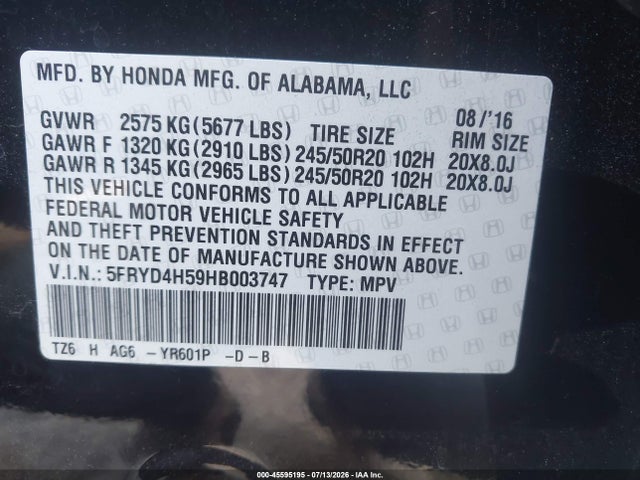 Aukcja sprzedaży 2017 Acura Mdx Technology Package, vin: 5FRYD4H59HB003747, numer aukcji: 45595195