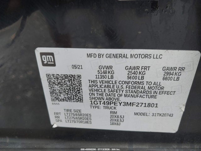 Продаж на аукціоні авто 2021 Gmc Sierra 2500hd 4wd  Standard Bed At4, vin: 1GT49PEY3MF271801, номер лоту: 45595206
