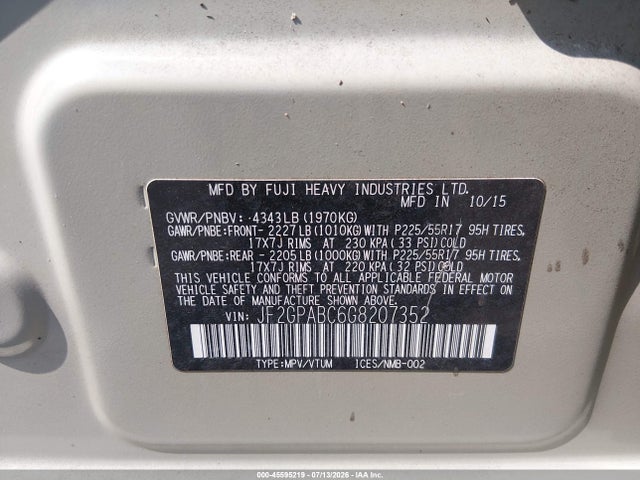 45595219 :رقم المزاد ، JF2GPABC6G8207352 vin ، 2016 Subaru Crosstrek 2.0i Premium مزاد بيع