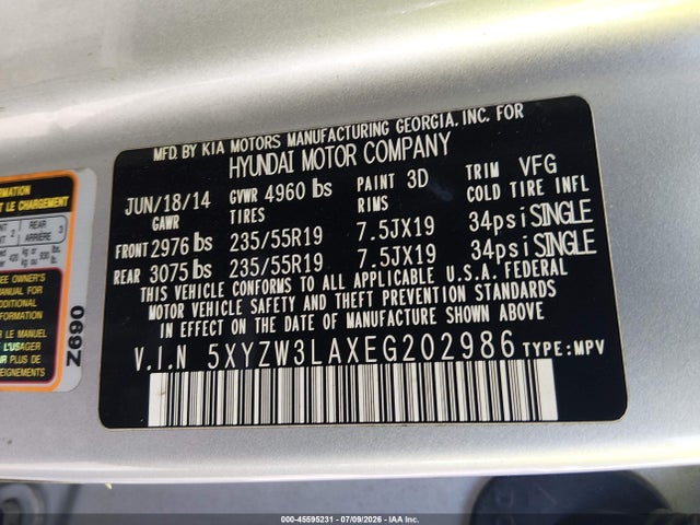 Aukcja sprzedaży 2014 Hyundai Santa Fe Sport 2.0l Turbo, vin: 5XYZW3LAXEG202986, numer aukcji: 45595231
