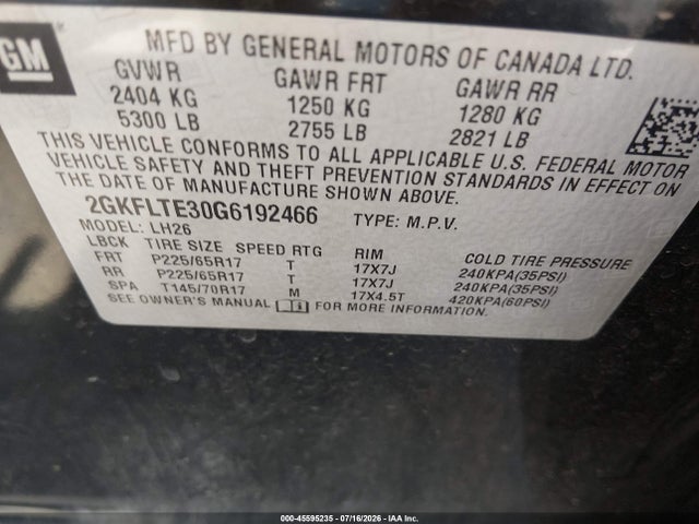 Aukcja sprzedaży 2016 Gmc Terrain Sle-2, vin: 2GKFLTE30G6192466, numer aukcji: 45595235