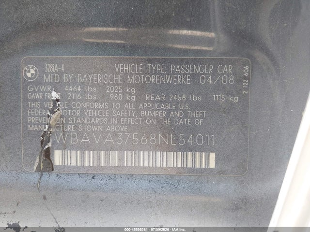 Продаж на аукціоні авто 2008 Bmw 328i, vin: WBAVA37568NL54011, номер лоту: 45595261