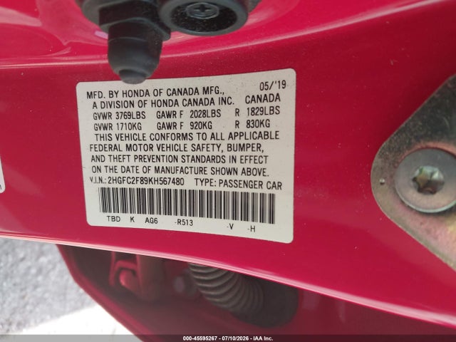 45595267 :رقم المزاد ، 2HGFC2F89KH567480 vin ، 2019 Honda Civic Sport مزاد بيع