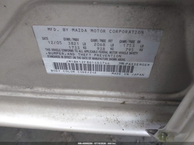 2006 Mazda Mazda3 I Touring მანქანა იყიდება აუქციონზე, vin: JM1BK12F861463744, აუქციონის ნომერი: 45595280