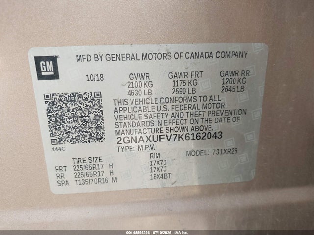 Продаж на аукціоні авто 2019 Chevrolet Equinox Lt, vin: 2GNAXUEV7K6162043, номер лоту: 45595296