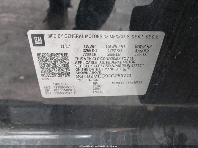 Aukcja sprzedaży 2018 Gmc Sierra 1500 Sle, vin: 3GTU2MEC9JG253711, numer aukcji: 45595301