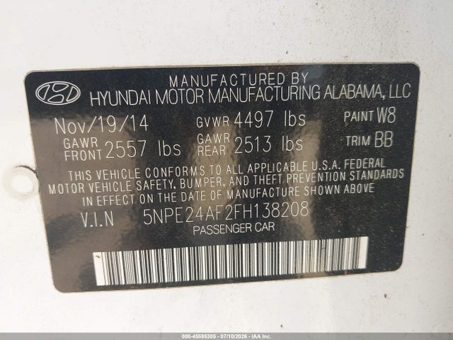 Aukcja sprzedaży 2015 Hyundai Sonata Se, vin: 5NPE24AF2FH138208, numer aukcji: 45595305