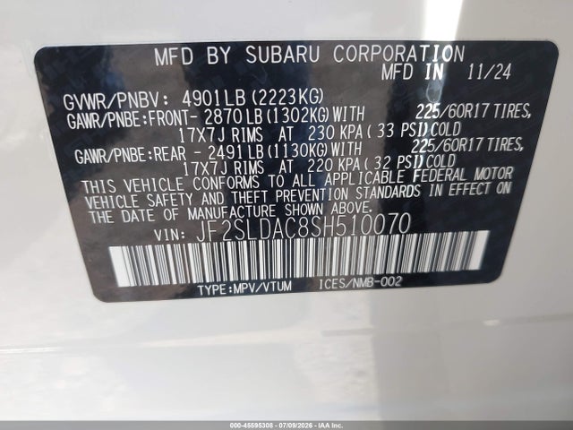 2025 Subaru Forester მანქანა იყიდება აუქციონზე, vin: JF2SLDAC8SH510070, აუქციონის ნომერი: 45595308