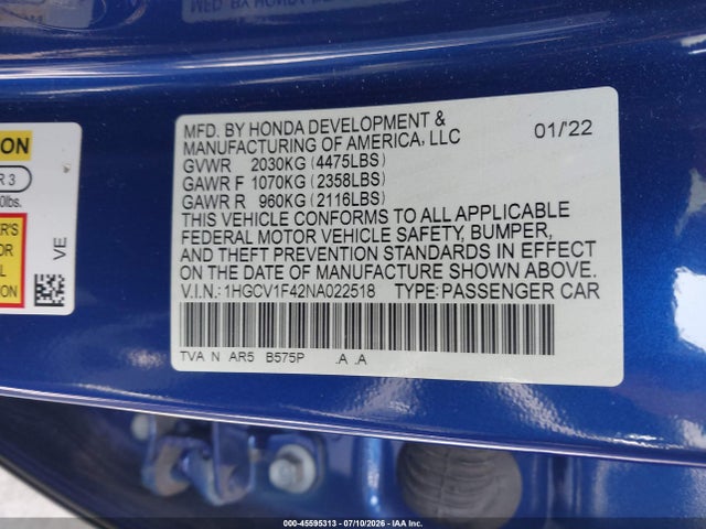 Продаж на аукціоні авто 2022 Honda Accord Sport Special Edition, vin: 1HGCV1F42NA022518, номер лоту: 45595313