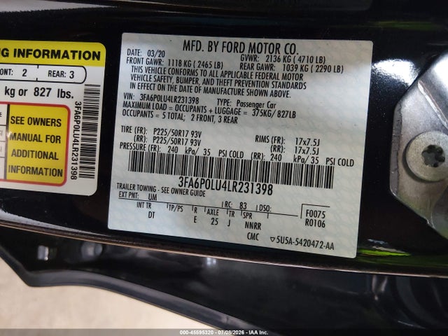 Продажа на аукционе авто 2020 Ford Fusion Hybrid Se, vin: 3FA6P0LU4LR231398, номер лота: 45595320