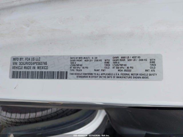 45595326 :رقم المزاد ، 3C6LRVDG4PE563746 vin ، 2023 Ram Promaster 2500 High Roof 159 Wb مزاد بيع