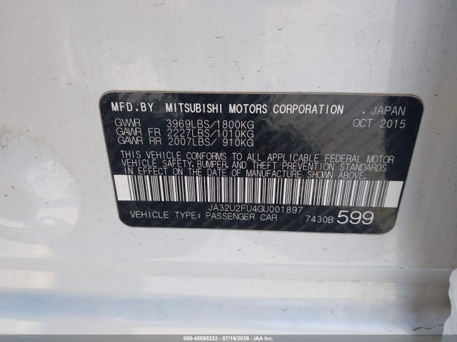 Aukcja sprzedaży 2016 Mitsubishi Lancer Es, vin: JA32U2FU4GU001897, numer aukcji: 45595332