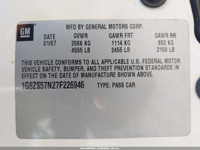 45595353 :رقم المزاد ، 1G8ZS57N27F226946 vin ، 2007 Saturn Aura Xe مزاد بيع