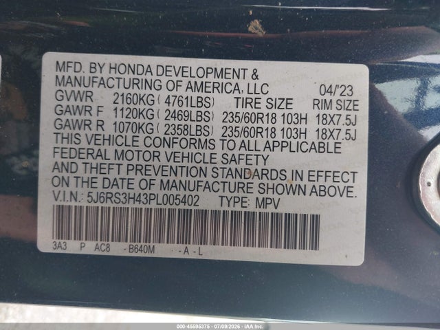 Продаж на аукціоні авто 2023 Honda Cr-v Ex 2wd, vin: 5J6RS3H43PL005402, номер лоту: 45595375