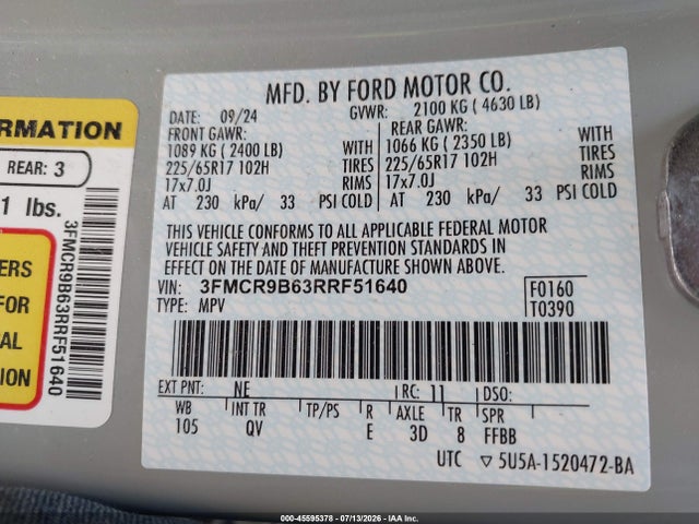 Продажа на аукционе авто 2024 Ford Bronco Sport Big Bend, vin: 3FMCR9B63RRF51640, номер лота: 45595378