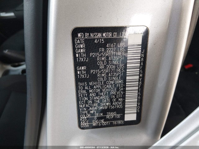 2015 Nissan Juke Sv მანქანა იყიდება აუქციონზე, vin: JN8AF5MV8FT561905, აუქციონის ნომერი: 45595384