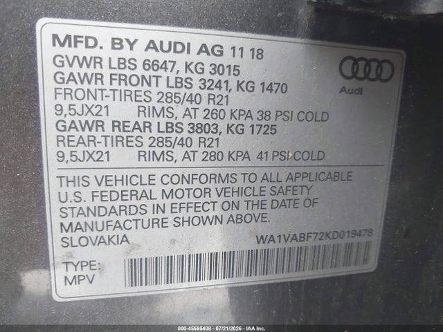 Aukcja sprzedaży 2019 Audi Q7 55 Premium, vin: WA1VABF72KD019478, numer aukcji: 45595408
