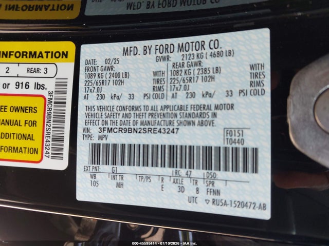 Продажа на аукционе авто 2025 Ford Bronco Sport Big Bend, vin: 3FMCR9BN2SRE43247, номер лота: 45595414