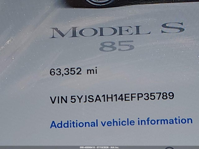 Продажа на аукционе авто 2014 Tesla Model S P85, vin: 5YJSA1H14EFP35789, номер лота: 45595418