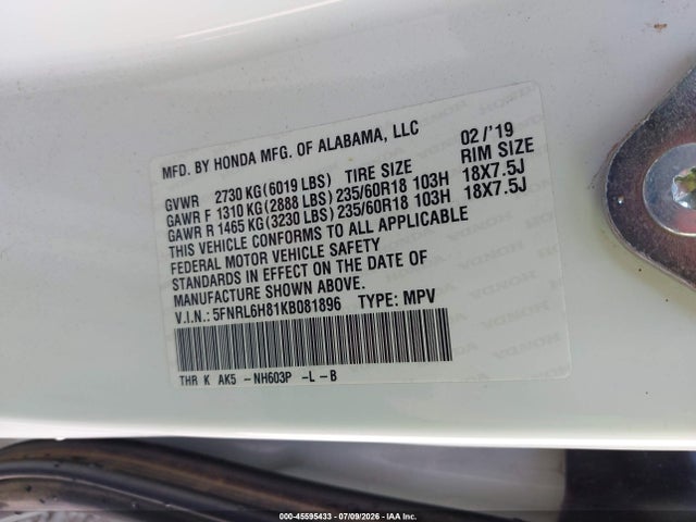 2019 Honda Odyssey Touring მანქანა იყიდება აუქციონზე, vin: 5FNRL6H81KB081896, აუქციონის ნომერი: 45595433