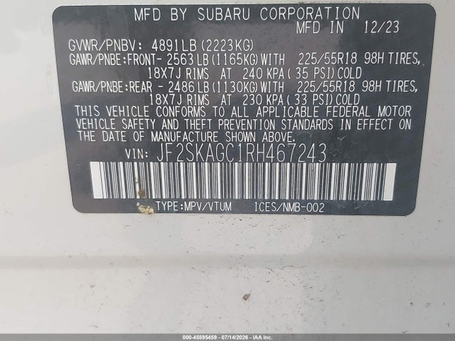 Aukcja sprzedaży 2024 Subaru Forester Sport, vin: JF2SKAGC1RH467243, numer aukcji: 45595459