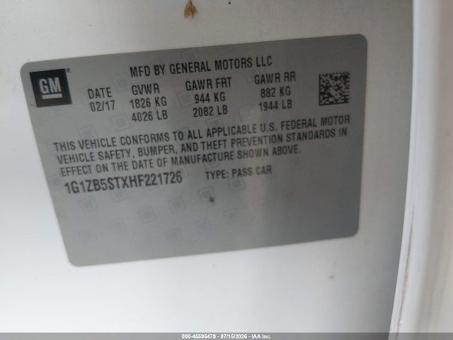 2017 Chevrolet Malibu Ls მანქანა იყიდება აუქციონზე, vin: 1G1ZB5STXHF221726, აუქციონის ნომერი: 45595479