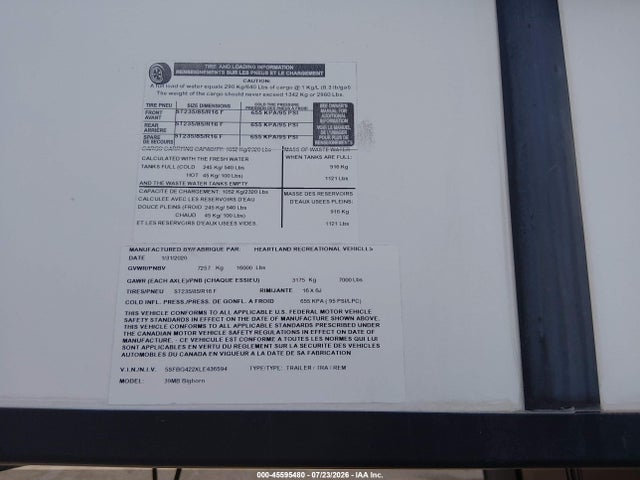 Продаж на аукціоні авто 2020 Heartland Bighorn Limited Seri, vin: 5SFBG422XLE436594, номер лоту: 45595480